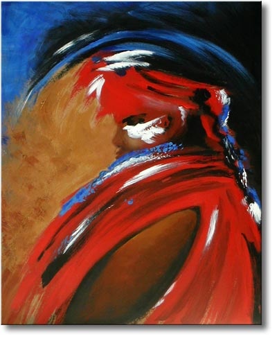 Peinture semi-abstraite de chasseur en parure rouge - Dominique Evangelisti